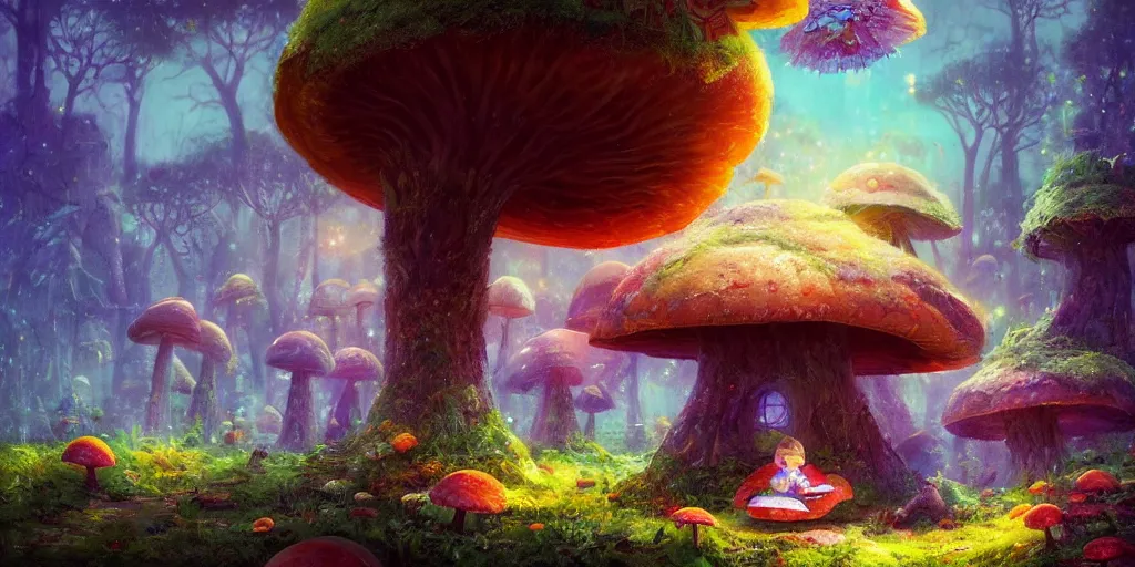 Image similar to ”cute child reading a book, giant mushroom houses in a mysterious fantasy forest, [bioluminescense, flowers, art by wlop and paul lehr, cinematic, colorful]”