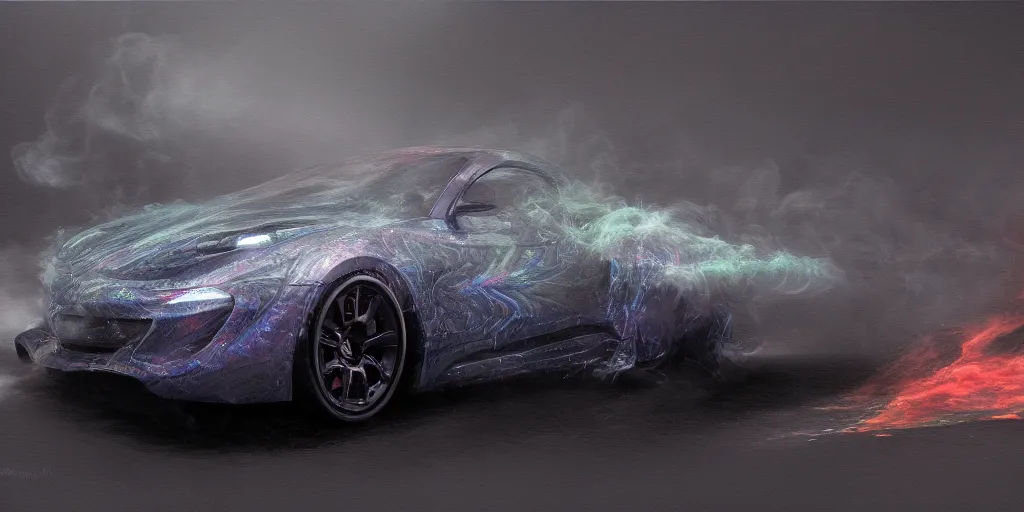 Image similar to full view of a sport car, surrounded in a detailed smoke, wet street, painted in dark color holographic pearlescent, elegant, digital painting, concept art, smooth, sharp focus, art style from Wang Ke and Greg Rutkowski and Bruce Kaiser and Scott Robertson and Dmitry Mazurkevich and Doruk Erdem and Jon Sibal, small style cue from Mad Max