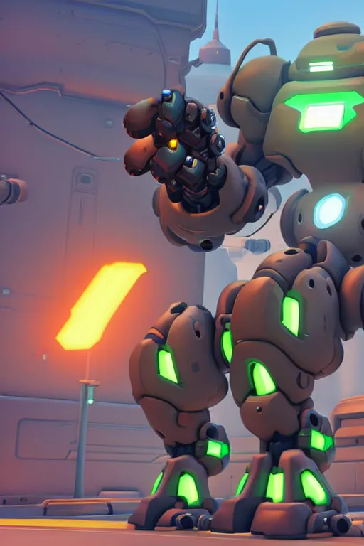 Image similar to the fortress robot in the overwatch game, cute style, cg rendering, the background is a beautiful forest