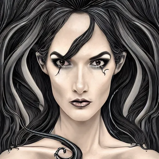 Prompt: Portrait of a woman with long living tentacle hair, emaciated black evening gown, sunken eyes, character design, accentuated feminine features, realistic face, detailed face, comic book visual style, dramatic lighting, tonemapping, highly detailed, heavy contour lines, realism, cel shading, vibrant colors, ArtStation, trending on ArtStation, DeviantArt, David Nakayama