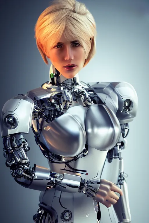 Image similar to a beautiful woman with blonde hair wearing robot suit with wires and light, highly detailed, photorealistic, artstation, smooth