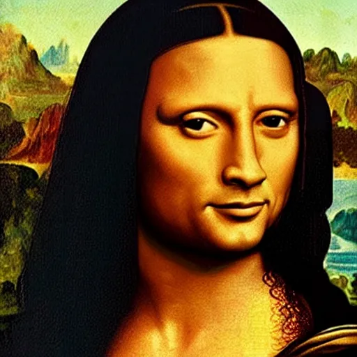 Prompt: dwayne the rock johnson in the mona lisa