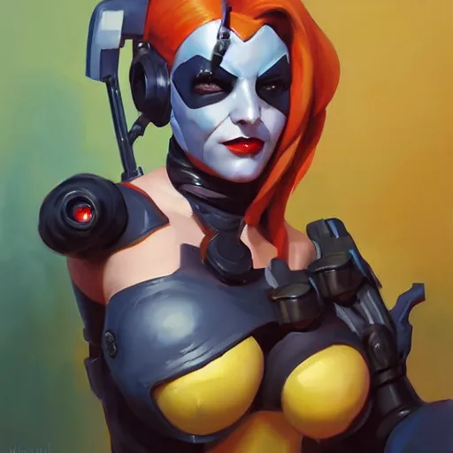 Prompt: greg manchess portrait painting of harley queen as cyber overwatch character, medium shot, asymmetrical, profile picture, organic painting, sunny day, matte painting, bold shapes, hard edges, street art, trending on artstation, by huang guangjian and gil elvgren and sachin teng