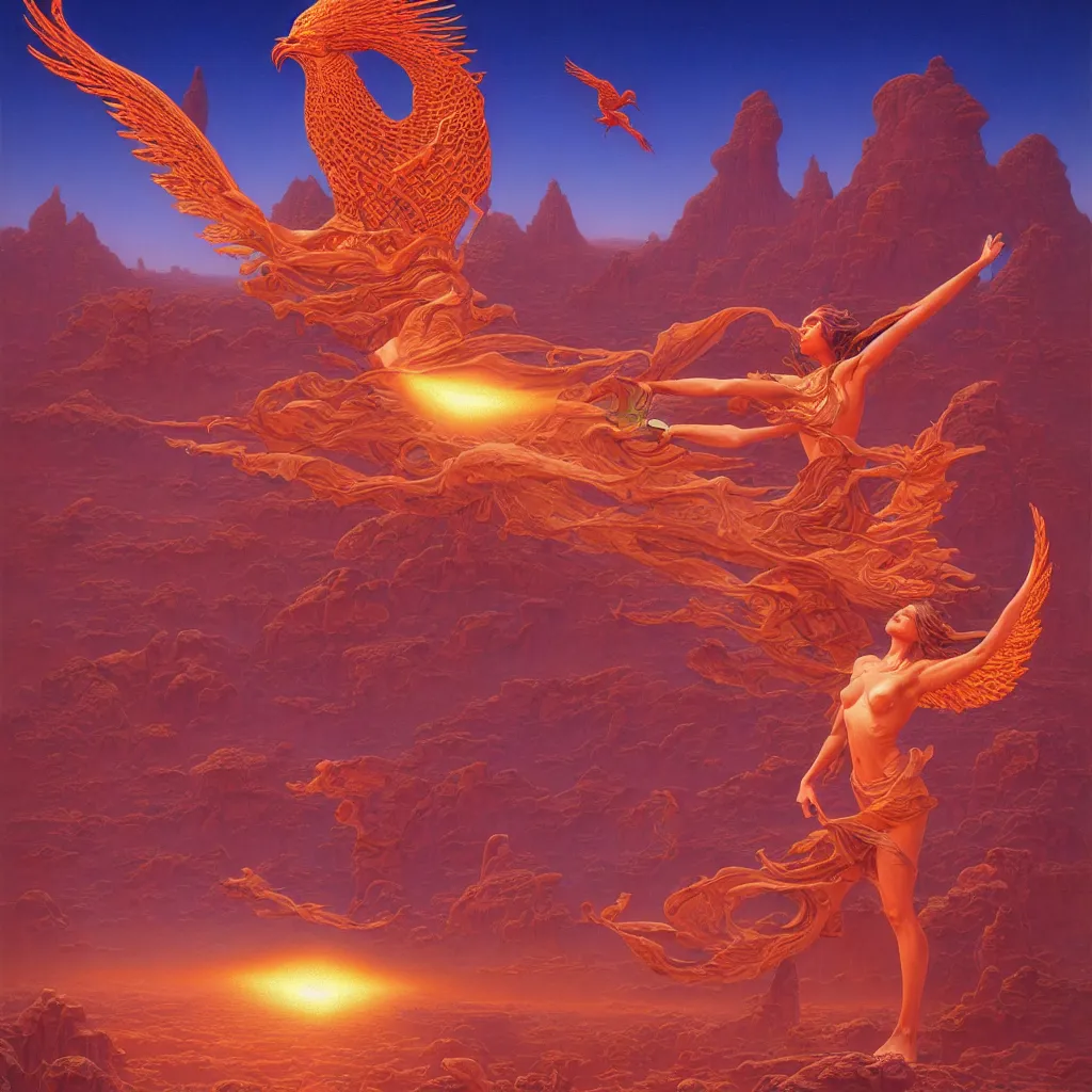 Prompt: goddess rising like a phoenix in the desert, tim hildebrandt, wayne barlowe, bruce pennington, donato giancola, larry elmore, oil on canvas, masterpiece, trending on artstation, featured on pixiv, cinematic composition, beautiful lighting, sharp, details, hyper - detailed, hd, hdr, 4 k,