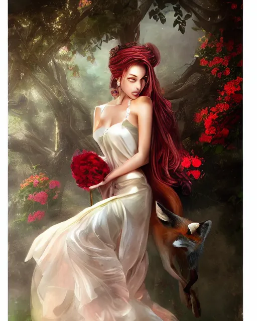 Image similar to a beautiful digital concept portrait of a beautiful woman with fox wearing a wearing a long silk dress with roses by stanley artgerm lau wolp ross draws lerapi and skimichan