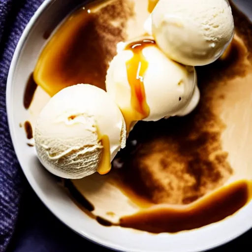 Prompt: closeup of a bowl with three balls of plain vanilla ice cream with caramel sauce. Simplistic. Food photography.