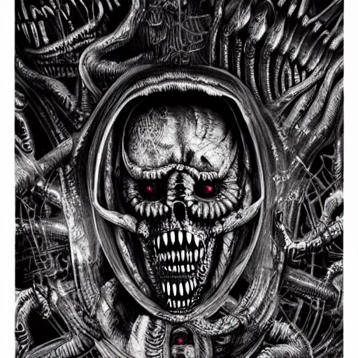 Prompt: Incomprehensible horror. Otherworldly. Impossible. Terrifying. Unnerving. Dark. H R Giger. Extremely detailed. 4K.