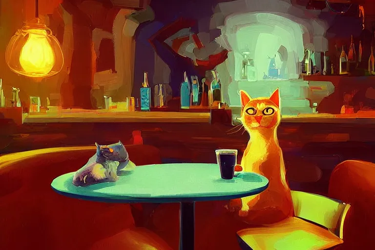 Image similar to a digital art of close up of a cat sits on a chair in a bar, animal, cute, light effect, highly detailed, by anton fadeev