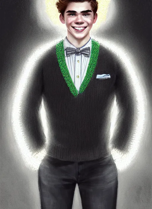 Image similar to portrait of teenage archie andrews, freckles, curly middle part haircut, curly hair, middle part hairstyle, smiling kindly, wearing a bowtie and sweater vest, intricate, elegant, glowing lights, highly detailed, digital painting, artstation, concept art, smooth, sharp focus, illustration, art by wlop, mars ravelo and greg rutkowski