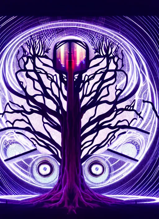 Prompt: high depth, collective civilization tree, calm, healing, resting, life, hybrids, scifi, glowing lights!!, published concept art, mixed medias, image overlays, sharp focus, thin glowing wires, winning illustration, eyes reflecting into eyes into infinity, singularity!!!, 3 6 0 projection, art in the style of mucha