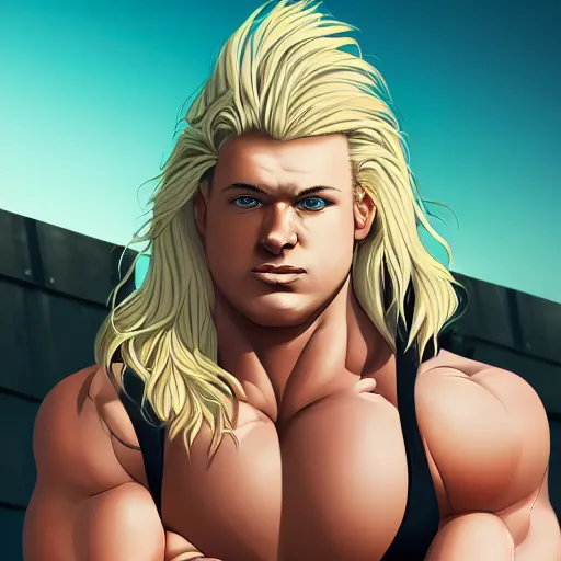 Image similar to portrait of the immensely towering bodybuilder Lucius Bjornsson with beautiful long pale blond hair, albino white pale skin, posing for a photoshoot in the golden hour, black tank top, broad shoulders and huge thick arms, ambient lighting, 4k, anime key visual, lois van baarle, ilya kuvshinov, rossdraws, artstation