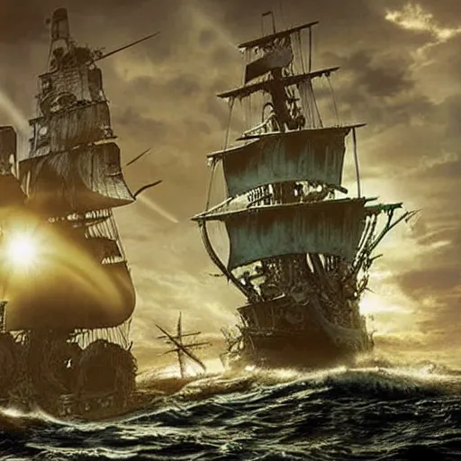 Image similar to a hyperrealistic illustration of Captain Jack Sparrow as Davy Jones, Davy Jones with Tentacles, Face hybrid of Davy Jones and Jack Sparrow, Pirates of the Caribbean Ship with fractal sunlight in the Background