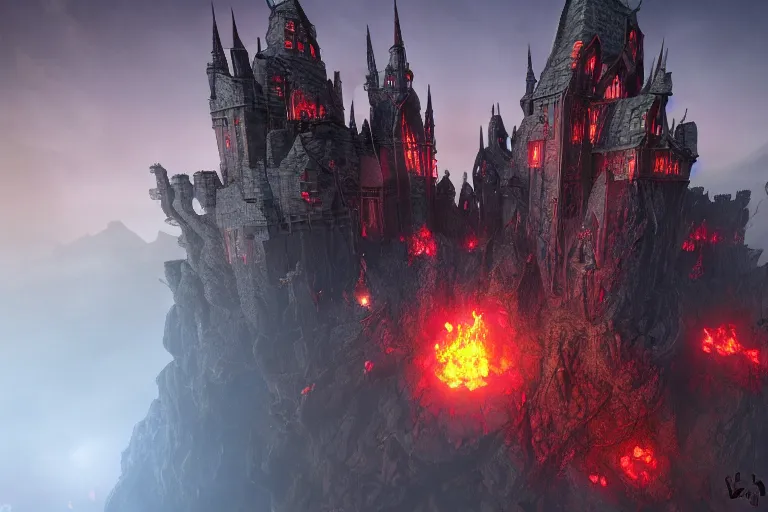 Image similar to big evil castle - city rock dark shadow elves, might and magic heroes vii, dark fantasy, shadows, artstation trending, unreal engine 5, red