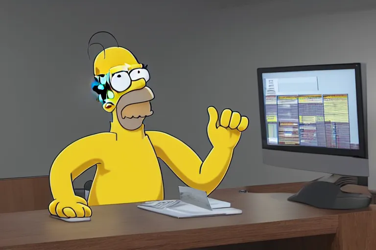 Image similar to Homer Simpson sits at the office table and monitors the fall of Bitcoin and is angry, 3d, CryEngine, 8k, hyperrealism