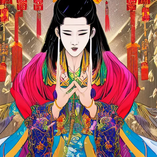 Image similar to A comic book style portrait painting of a gorgeous sword dance Chinese costume woman , long hair, smoke, feathers flying, flowers rain everywhere, full body XIANXIA, Chinese temple, depth of field, 4k