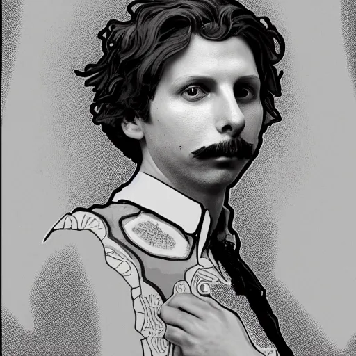 Prompt: a detailed portrait of michael cera as an old west villain, long twirling moustache, by alphonse mucha and arthur mucha, god rays, intricate detail, cinematic, 8 k, featured on artstation, pixiv