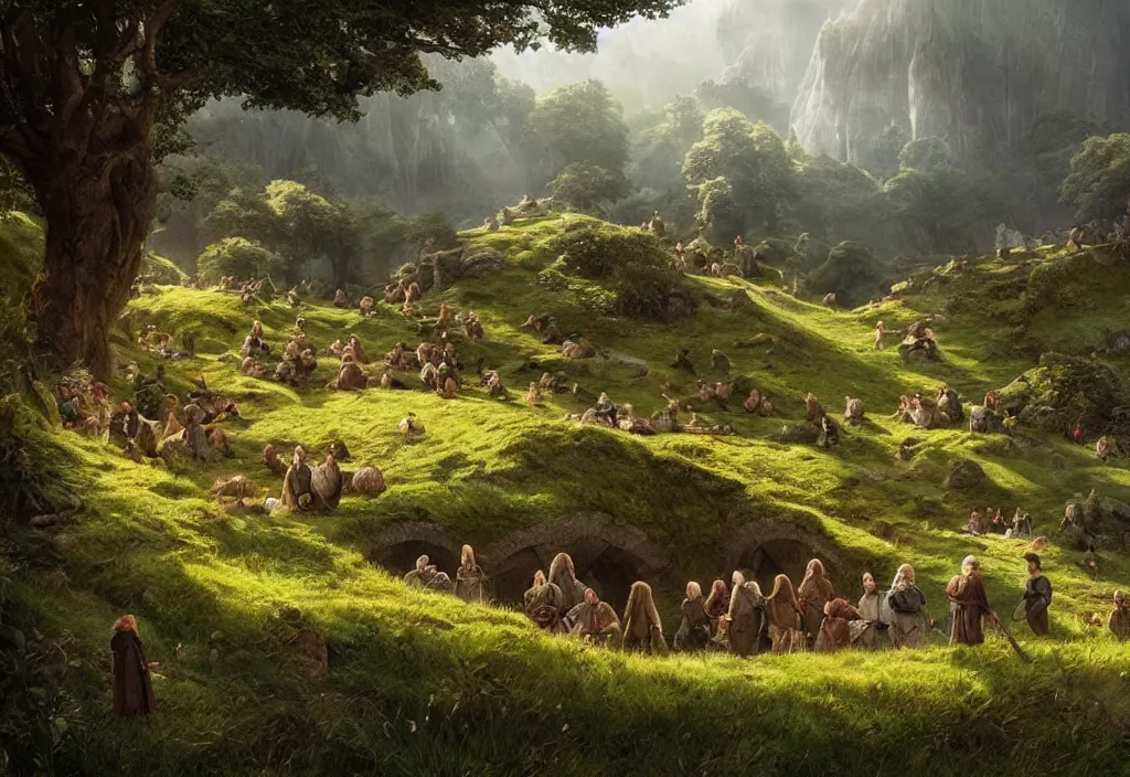 Image similar to hobbits in the shire scenery landscape, lord of the rings, highly detailed, perfect lighting, perfect composition, 4 k, artgerm, derek zabrocki, greg rutkowski