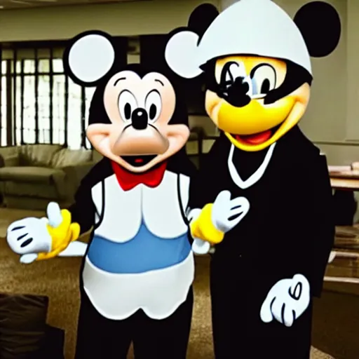 Image similar to photo of walter white with a man in a mickey mouse costume