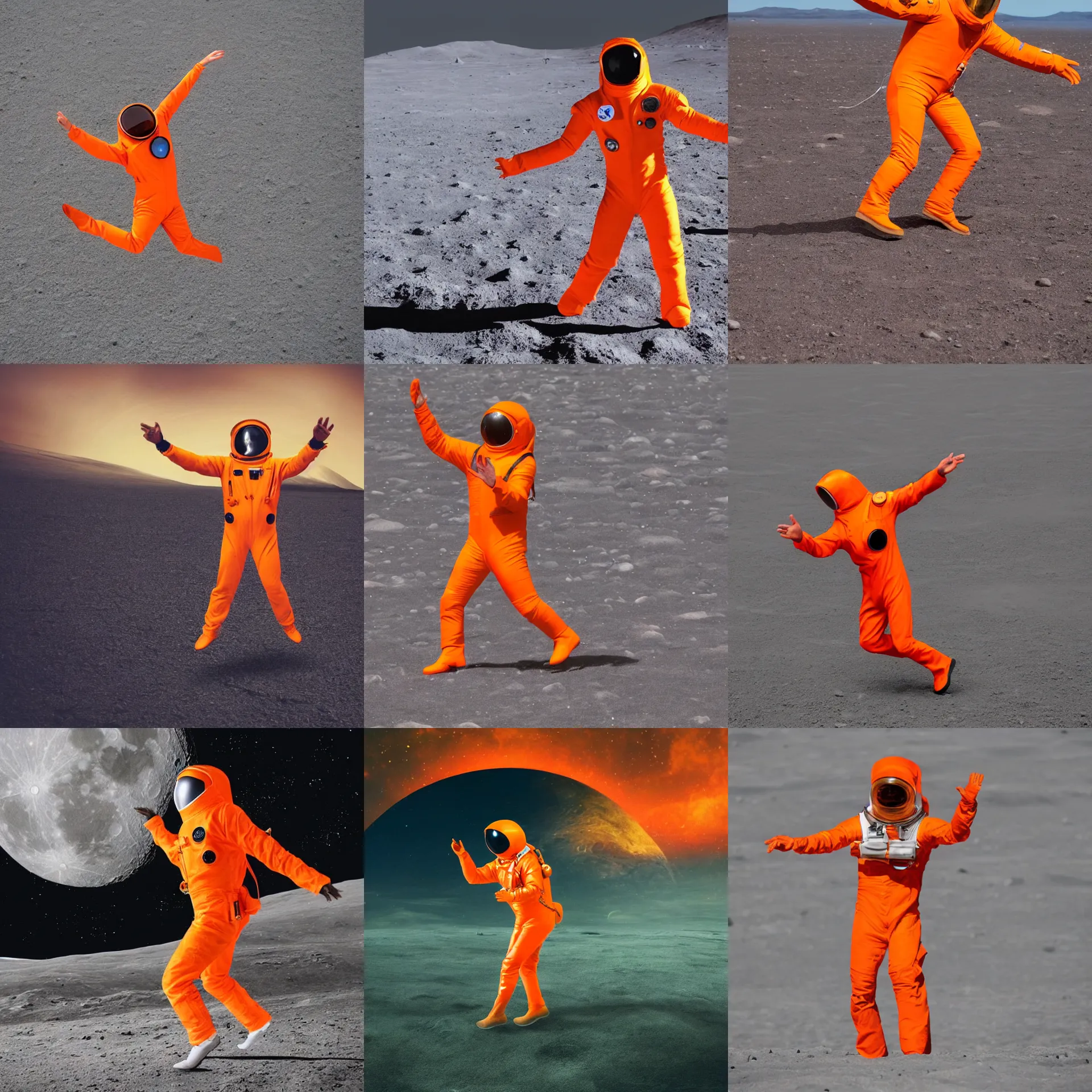 Prompt: a man wearing a futuristic orange astronaut suit dancing on the moon's surface