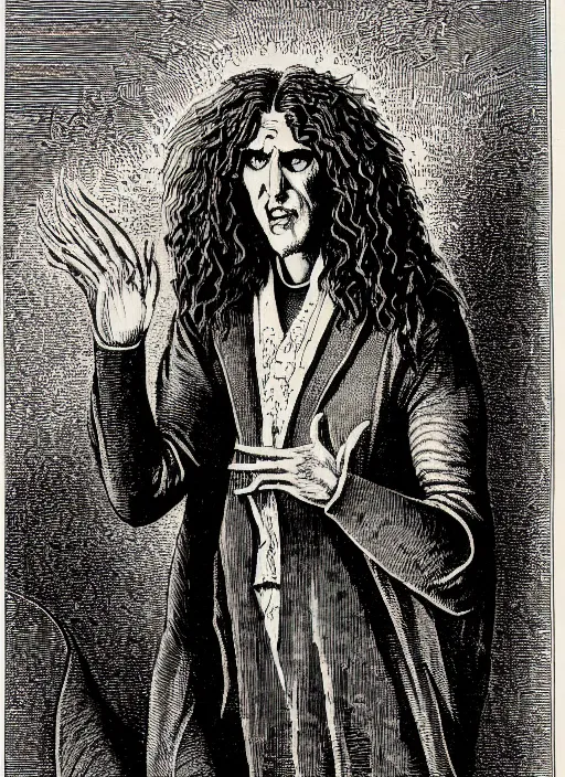 Prompt: illustration of weird al yankovic as a demon from the dictionarre infernal, etching by louis le breton, 1 8 6 9, 1 2 0 0 dpi scan, ultrasharp detail, clean scan