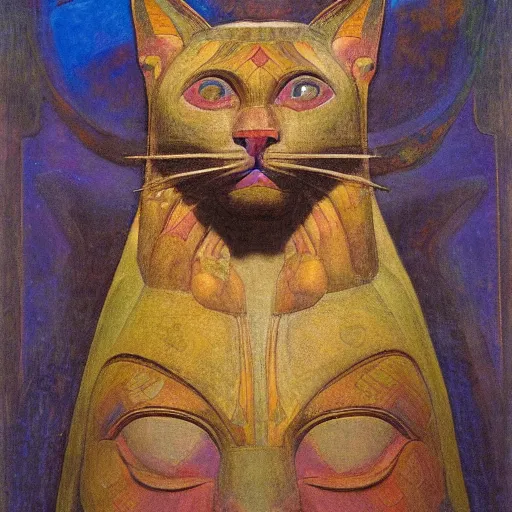 Prompt: ancient polychrome sculpture of a sacred cat head, by annie swynnerton and diego rivera and nicholas roerich and jean delville, symbolist, dramatic lighting, god rays, elaborate geometric ornament, art brut, rich colors, smooth sharp focus, extremely detailed, adolf wolfli