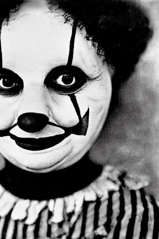 Image similar to old realistic photo of face of a female clown, photograph, early 1 9 0 0's, black and whitehighly detailed, matte, sharp focus, smooth, sharp focus, illustration