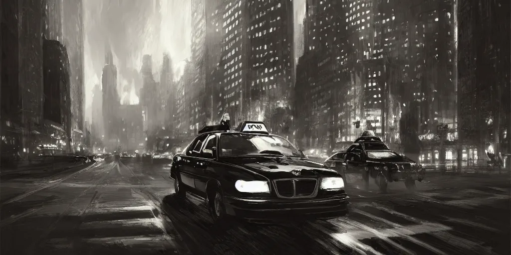 Image similar to taxi through the streets of chicago, night time, dramatic lighting, german expresionism, noir film, character sheet, fine details, concept design, high contrast, anthrophomorfic animals, kim jung gi, greg rutkowski, trending on artstation, 8 k, full body, turnaround, front view, back view, ultra wide angle