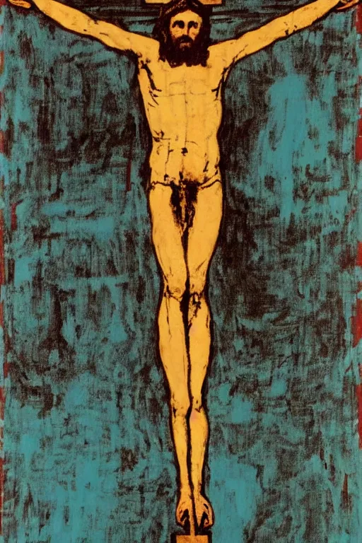 Image similar to jesus christ crucified painted by cy twombly and andy warhol