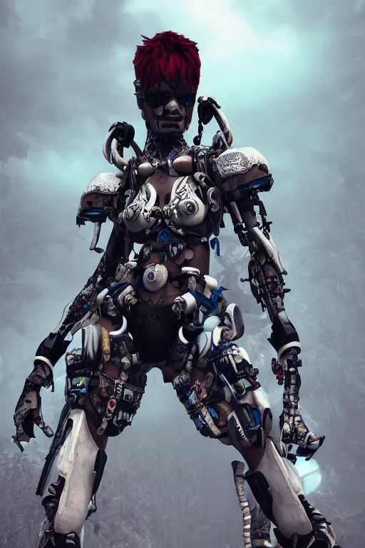 Image similar to white cyborg fashion shot, male maasai punk warriors, fractal decorations, savannah background, unreal engine, trending on artstation,