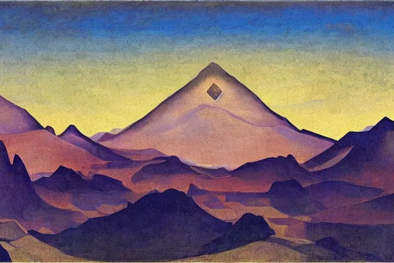 Prompt: A desertic mountain battlefield, dawn, cloudy by Nicholas Roerich, by Georgia o Keeffe, by Gustave Moreau