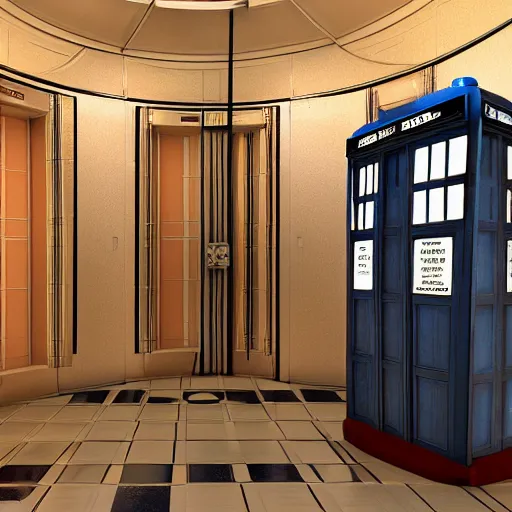 Image similar to Art Deco Tardis interior, 3d render, hyper realistic, unreal engine, detailed