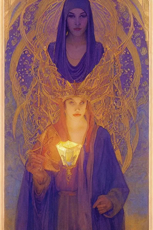 Prompt: queen of the old city with her lantern, by Annie Swynnerton and Nicholas Roerich and jean delville, dramatic cinematic lighting , ornate headdress , flowing robes, lost civilizations, extremely detailed