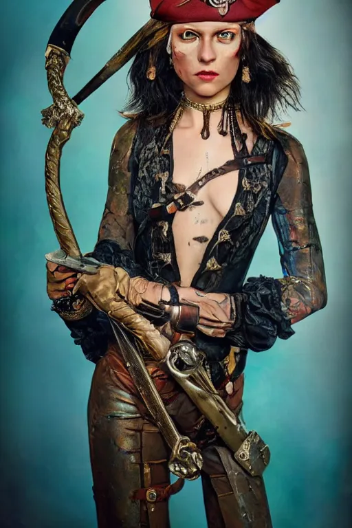 Prompt: a swashbuckling woman pirate portrait in national geographic, her clothing is sheer and futuristic, painted with iridescent bodypaint