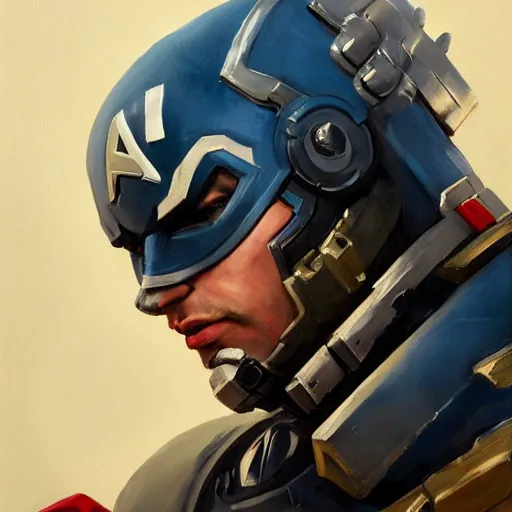 Image similar to greg manchess portrait painting of heavily armored captain america as overwatch character, totally whack, medium shot, asymmetrical, profile picture, organic painting, sunny day, matte painting, bold shapes, hard edges, street art, trending on artstation, by huang guangjian and gil elvgren and sachin teng