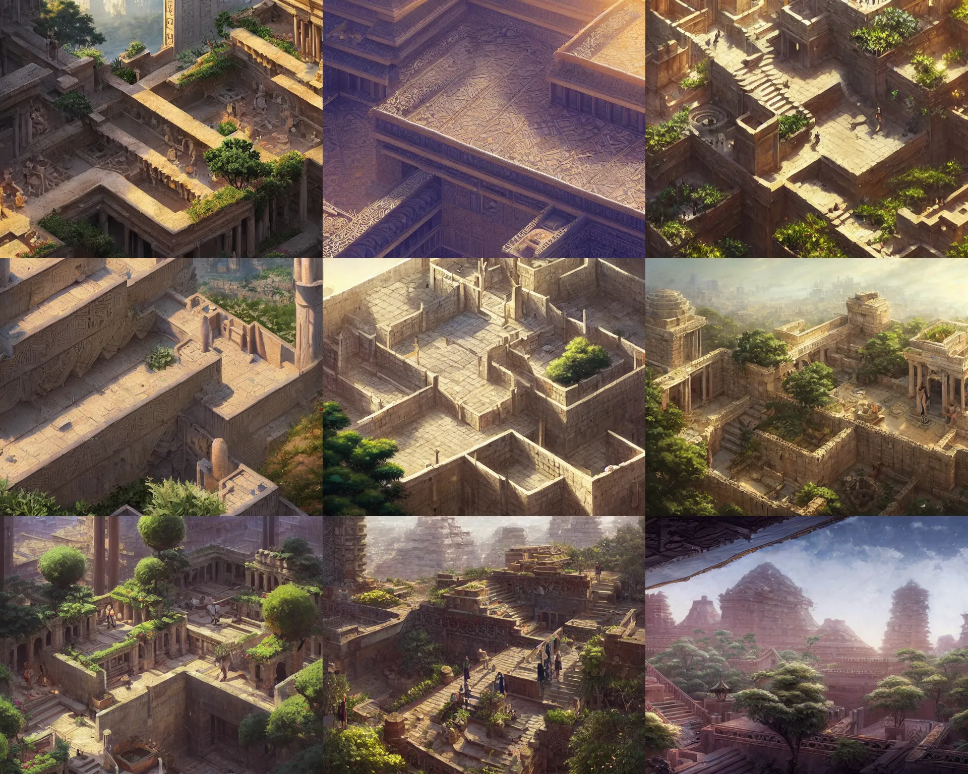 Prompt: roof gardens of babylonia, magnificent, close up, details, sharp focus, elegant, highly detailed, illustration, by Jordan Grimmer and greg rutkowski and PiNe(パイネ) and 薯子Imoko and 香川悠作 and wlop and maya takamura, intricate, beautiful, Trending artstation, pixiv, digital Art