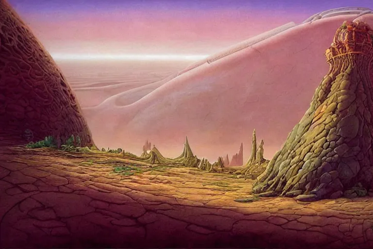 Prompt: “A fantasy desert landscape with an airship by Rodney Matthews and Roger Dean”