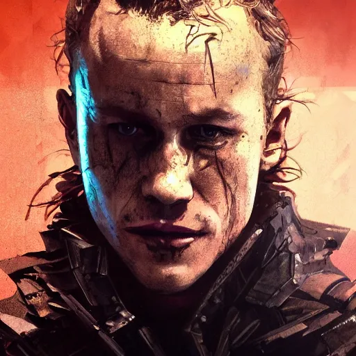 Prompt: heath ledger portrait, dystopia core, apocalyptic, armor, warrior, dramatic, sharp focus, fiction, neon, fantasy, hyper detailed, digital art, trending in artstation, cinematic lighting, studio quality, smooth render, unreal engine 5 rendered, octane rendered, art style and nixeu and wlop and krenz cushart