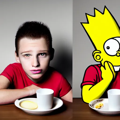 Prompt: a portrait, of a mostly human boy merged with Bart Simpson, refined, studio lighting, kitchen table setting, breakfast, 8K, UE5, octane, 3D, ultra realistic, high resolution texture