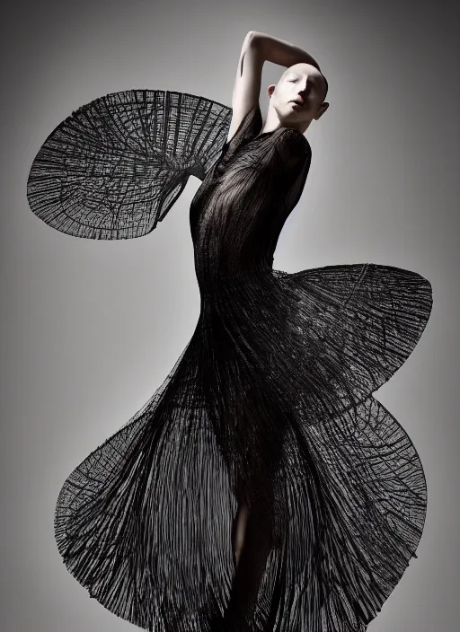 Image similar to a portrait of beautiful model ballerina wearing iris van herpen dress, by serge lutens, photorealistic, intricate details, hyper realistic, photorealistic, canon r 3, photography, symmetrical features, symmetrical pose, wide angle shot, head to toe, standing pose, feet on the ground,