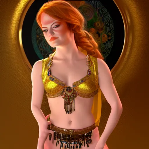 Prompt: a photorealistic portrait of actress emma stone dressed as a belly dancer, arabian night, volumetric lightening, octane render, high quality, fully detailed, 4 k, in focus sharp face with fine details, five human fingers, well structured hands, inspired by belly dancer on youtube, alphonse mucha, masterpiece, stunning