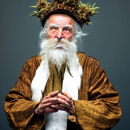 Image similar to an 8k digital photograph of an old man in a kings costume standing with a hemp bud in his hands