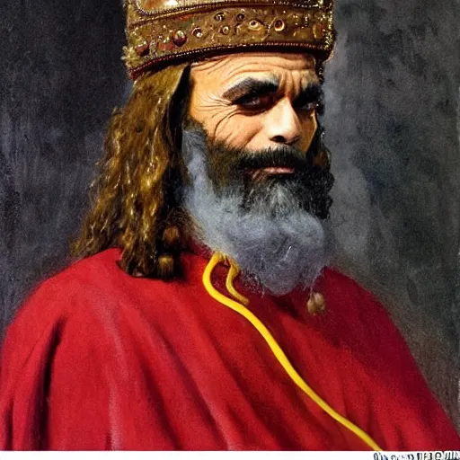 Image similar to King Tommy Chong wears a doublet whilst wearing a red velvet cape and OG Kush Indica helmet ilya repin alexandre benois edward julius detmold jehan choo jeff simpson raphael lacoste guillem h. pongiluppi grisaille