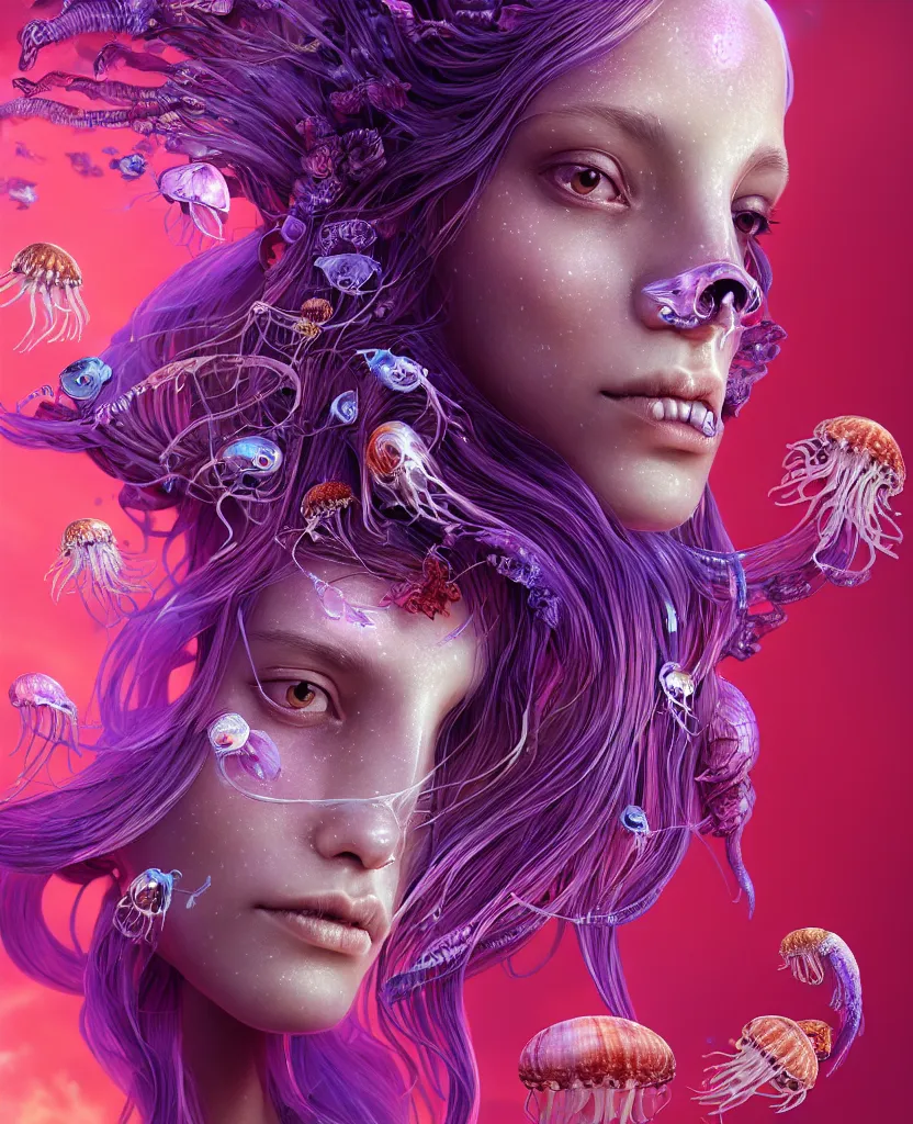 Image similar to goddess princess beautiful face close-up portrait ram skull. jellyfish phoenix head, nautilus, orchid, skull, betta fish, bioluminiscent creatures, intricate artwork by Tooth Wu and wlop and beeple. octane render, trending on artstation, greg rutkowski very coherent symmetrical artwork. cinematic, hyper realism, high detail, octane render, 8k