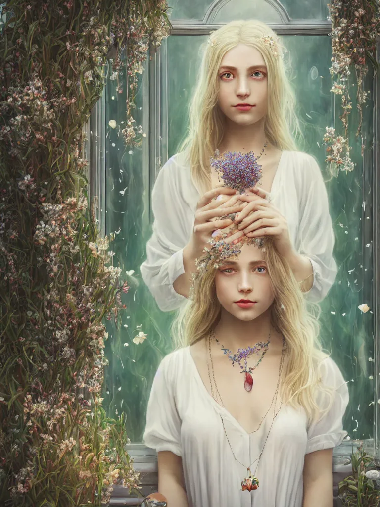 Image similar to a blonde girl in white dress in beautiful window, necklace with a fruit seed ornament, ocean eyes, light freckles, incense smoke and flowers in the background, portrait, mucha, conceptart, medium shot, unreal, octane, symmetrical, photorealism.