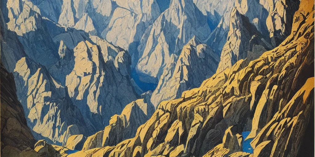 Image similar to beautiful!!!!!!!!!!!! idyllic poster illustration for a craggy ice valley canyon national park by ludwig hohlwein, ludwig hohlwein!!!!!!!!!!