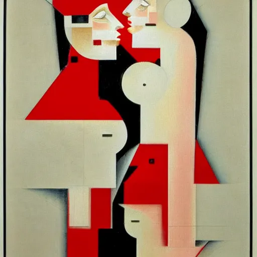 Image similar to two mechanical women kissing by el lissitzky, big tech corporate art style, memphis design, bauhaus