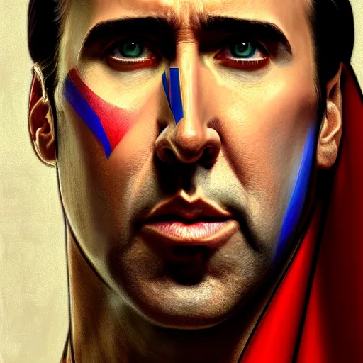 Image similar to upper body portrait of nicolas cage as superman, intricate, elegant, highly detailed, digital painting, artstation, concept art, smooth, sharp focus, illustration, art by artgerm and greg rutkowski and alphonse mucha, award winning, 8 k