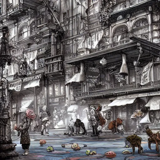 Image similar to a city of dogs, an ultrafine hyperdetailed illustration by kim jung gi, irakli nadar, intricate linework, bright colors, octopath traveler, final fantasy, unreal engine 5 highly rendered, global illumination, radiant light, detailed and intricate environment