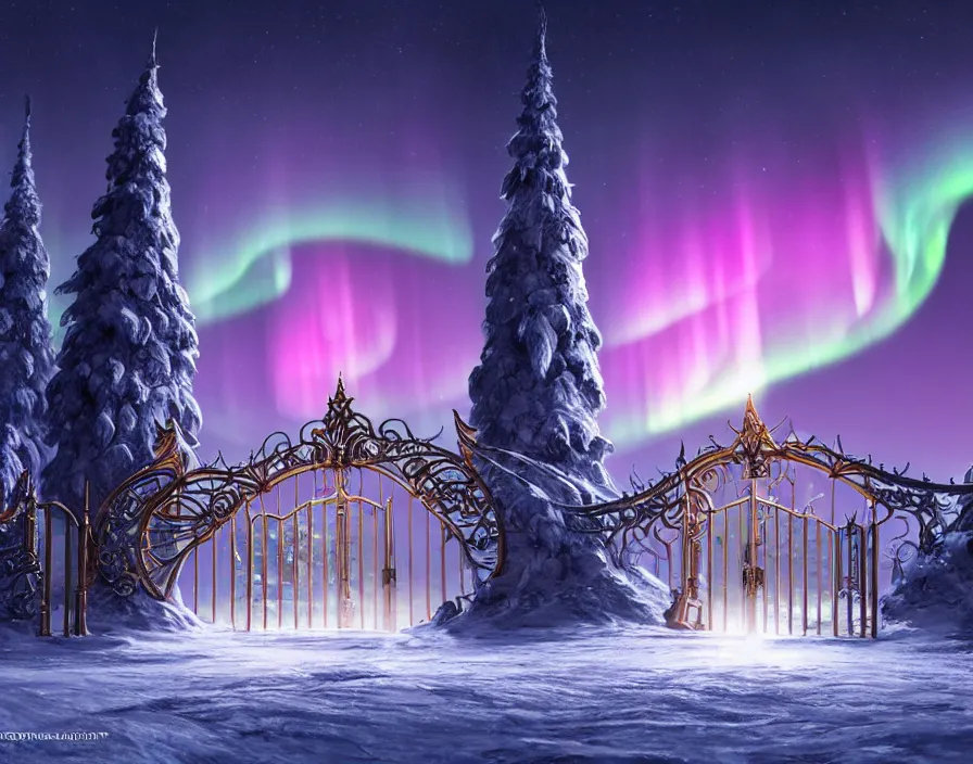 Image similar to a very detailed concept art of intricate and well designed eldar gates to north pole, infused with aurora borealis, dynamic lighting, trending on artstation, path traced, highly detailed, high quality, digital painting, digital art, 4 k, hyper realistic, octane render, sharp focus
