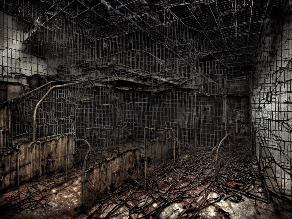 Image similar to An giant underground very gloomy multi-layered structure of rusty thick iron grids, dense chain-link fencing and peeling walls with multiple floors. In the center sits a creepy humanoid with very long limbs. Inside view, collapsed floors, bent rusted iron, masterpiece, macabre, black background, layers, corners, cinematic, hyperdetailed, photorealistic, hyperrealism, octane render, 8k, depth of field, bokeh, architecture, shadows, art by Zdzisław Beksiński, Arthur Rackham, Dariusz Zawadzki